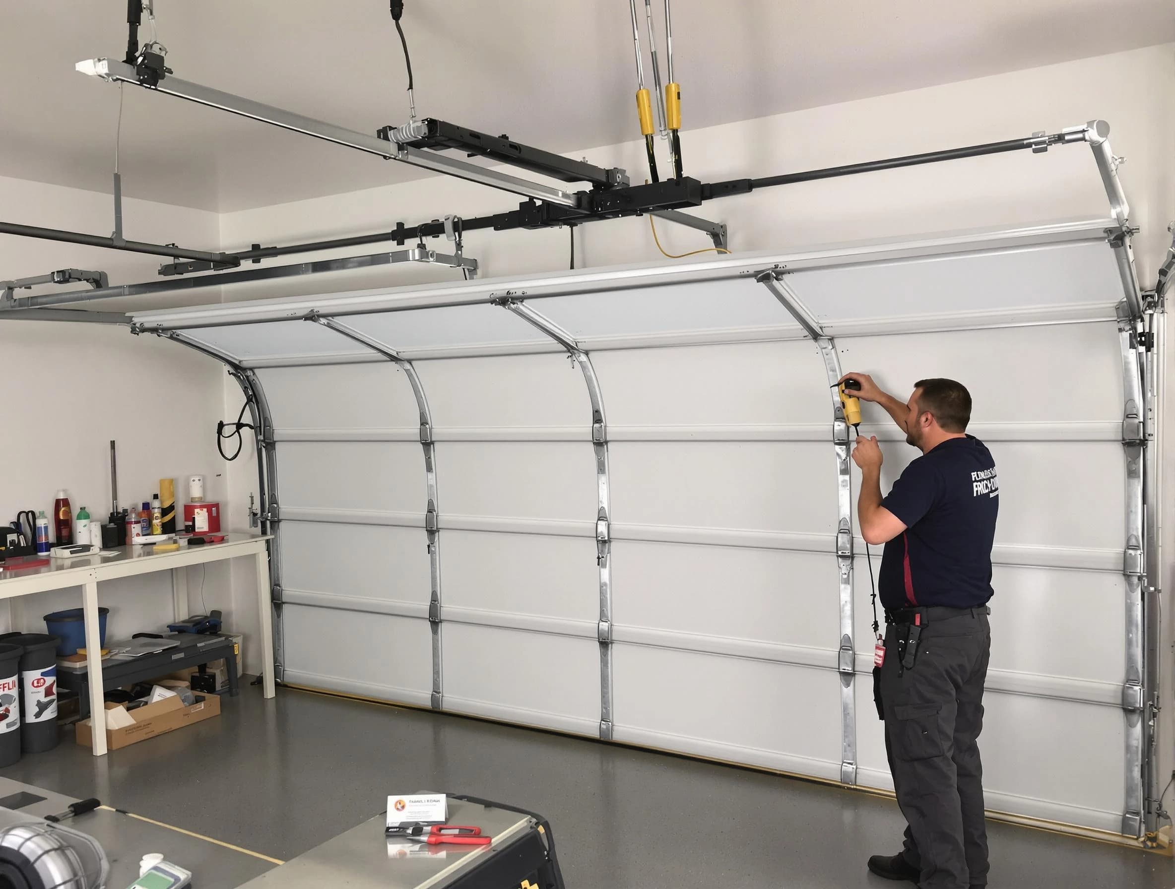 Sheridan Garage Door Repair certified technician performing overhead door system repair in Sheridan