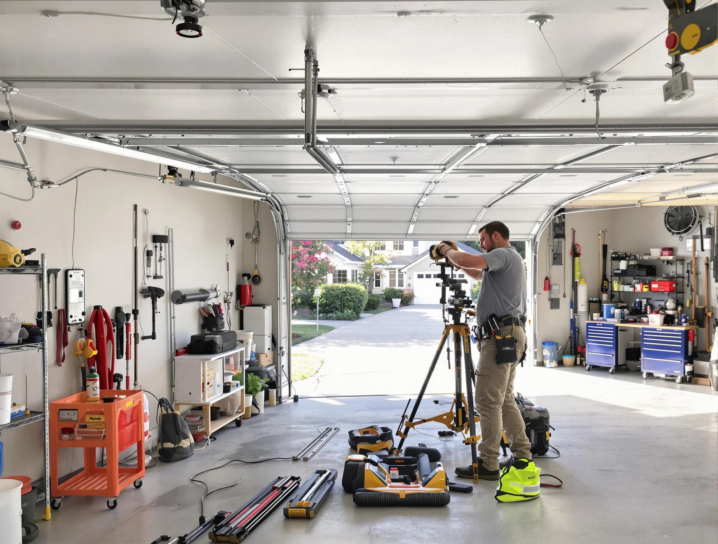 Sheridan Garage Door Repair specialist performing laser-guided track alignment in Sheridan