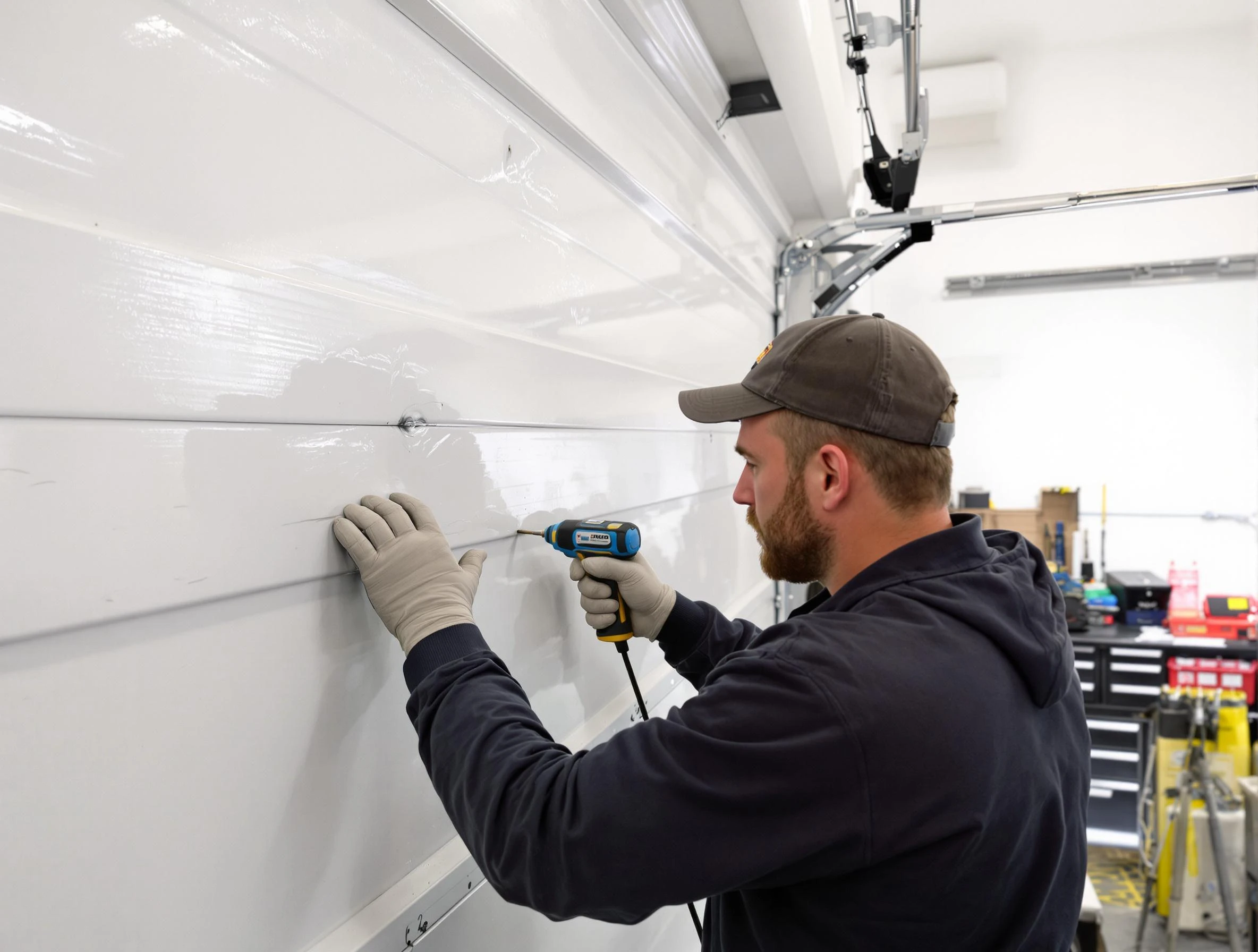 Sheridan Garage Door Repair technician demonstrating precision dent removal techniques on a Sheridan garage door